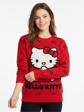 Sanrio Hello Kitty Red Sweater Cotton Blend Crew Neck Size S Black Bows Y2K